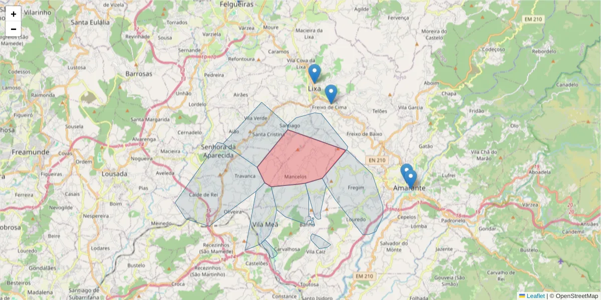 Mapa detalhado do código postal 4605-163 com limites, códigos postais vizinhos e agências dos correios