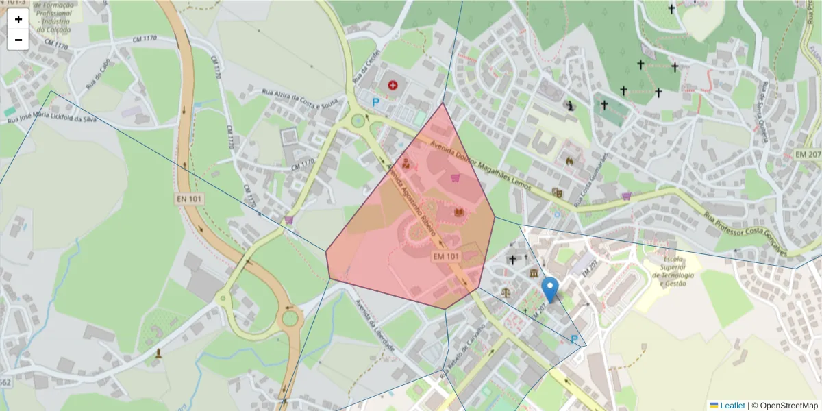 Mapa detalhado do código postal 4610-102 com limites, códigos postais vizinhos e agências dos correios