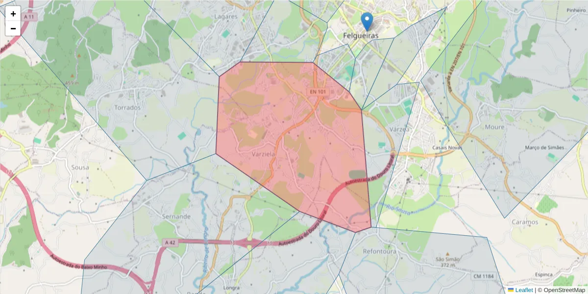 Mapa detalhado do código postal 4610-126 com limites, códigos postais vizinhos e agências dos correios