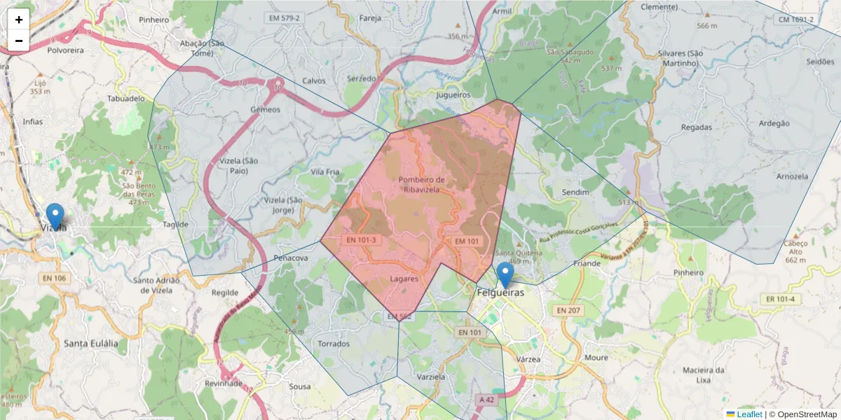 Mapa detalhado do código postal 4610 com limites, códigos postais vizinhos e agências dos correios