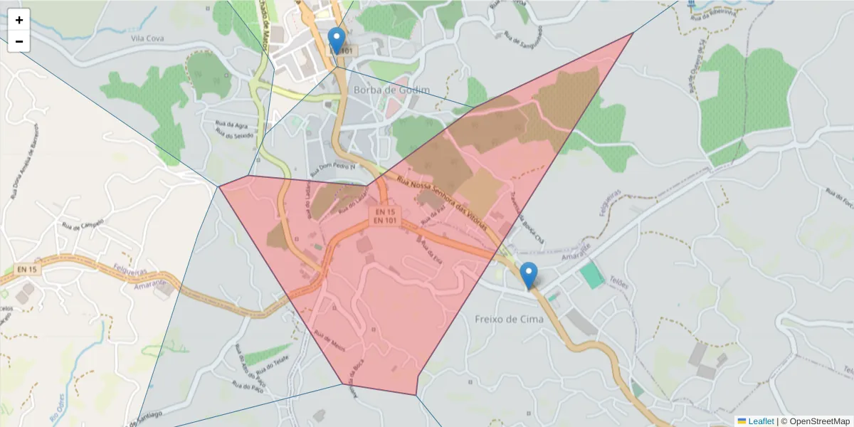 Mapa detalhado do código postal 4615-013 com limites, códigos postais vizinhos e agências dos correios