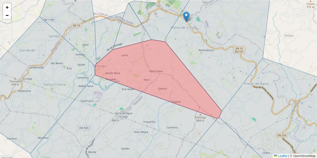Mapa detalhado do código postal 4615-172 com limites, códigos postais vizinhos e agências dos correios