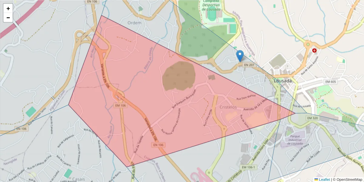 Mapa detalhado do código postal 4620-030 com limites, códigos postais vizinhos e agências dos correios