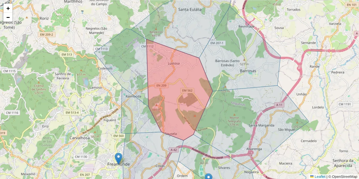 Mapa detalhado do código postal 4620-261 com limites, códigos postais vizinhos e agências dos correios