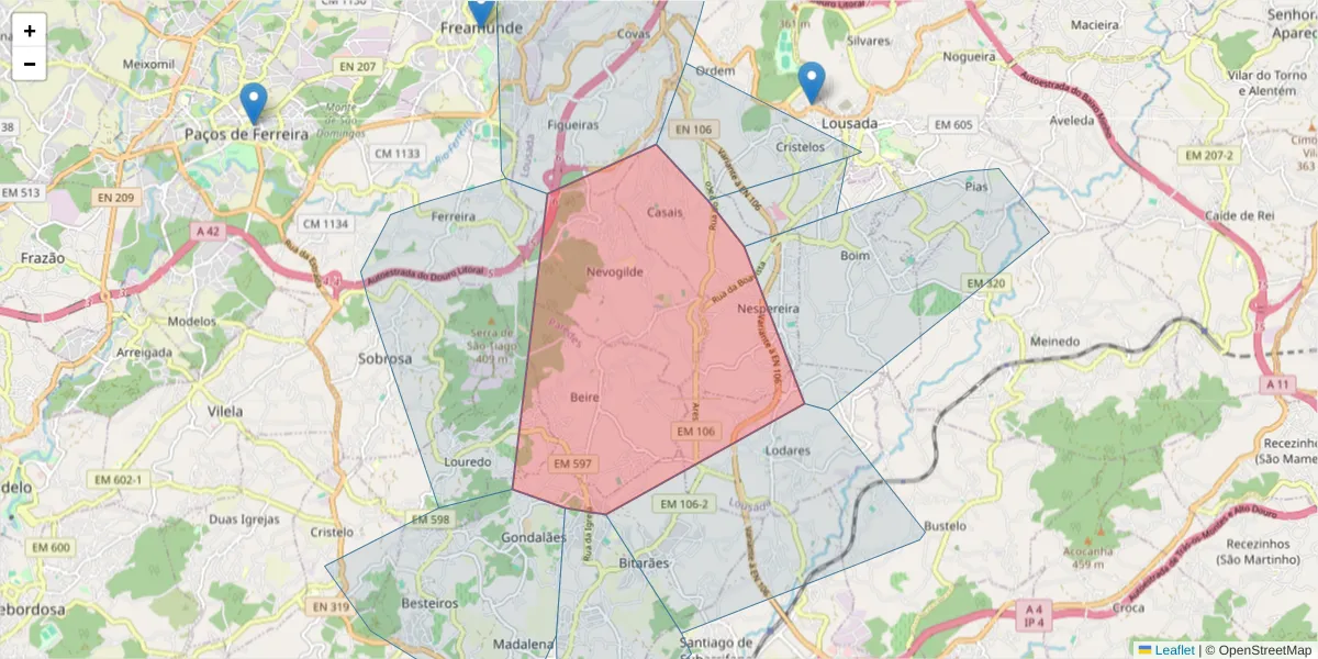 Mapa detalhado do código postal 4620-449 com limites, códigos postais vizinhos e agências dos correios