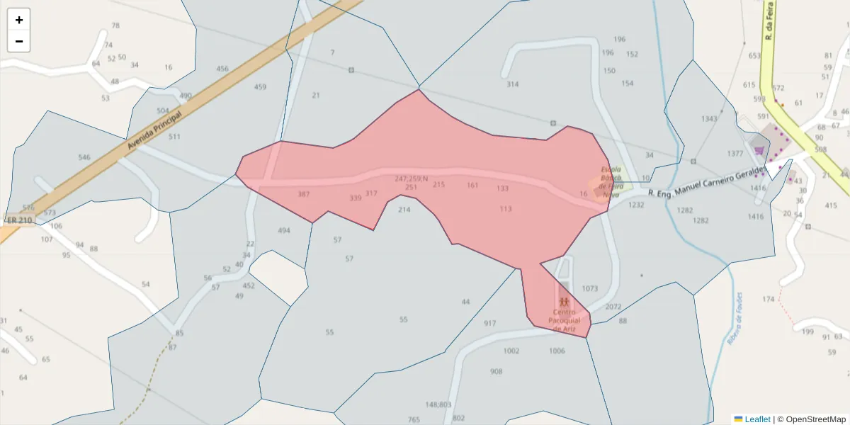 Mapa detalhado do código postal 4625-018 com limites, códigos postais vizinhos e agências dos correios