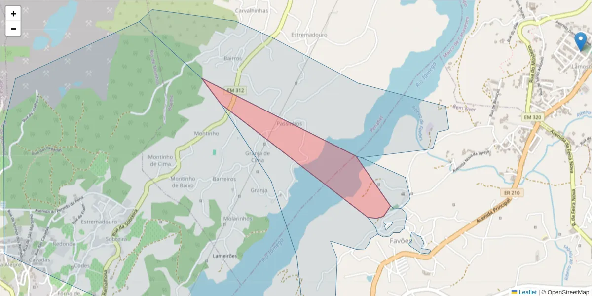 Mapa detalhado do código postal 4625-076 com limites, códigos postais vizinhos e agências dos correios