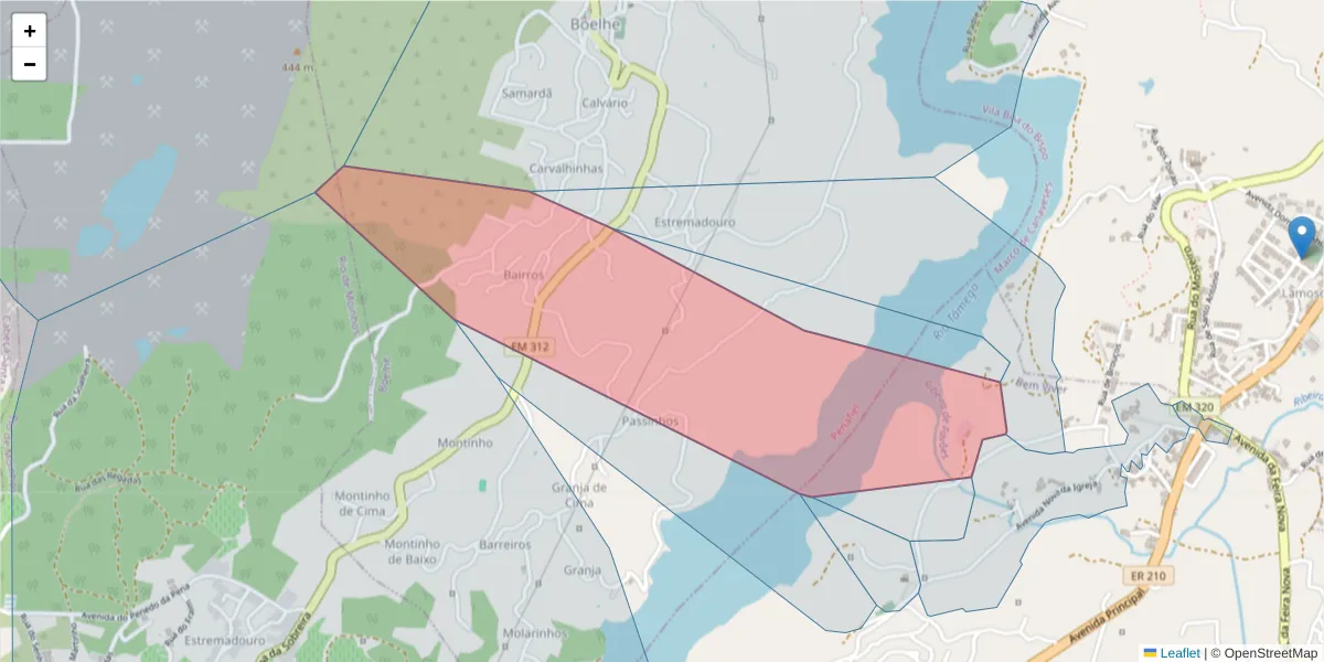 Mapa detalhado do código postal 4625-121 com limites, códigos postais vizinhos e agências dos correios