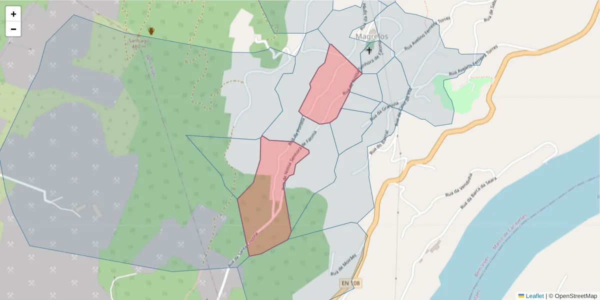 Mapa detalhado do código postal 4625-168 com limites, códigos postais vizinhos e agências dos correios