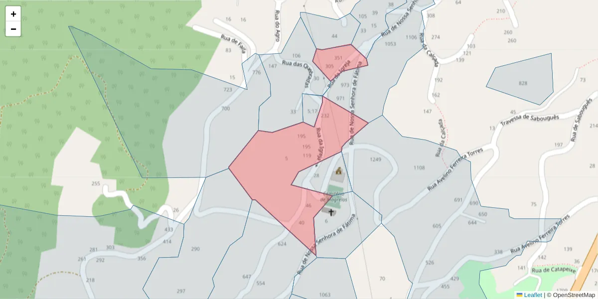 Mapa detalhado do código postal 4625-170 com limites, códigos postais vizinhos e agências dos correios