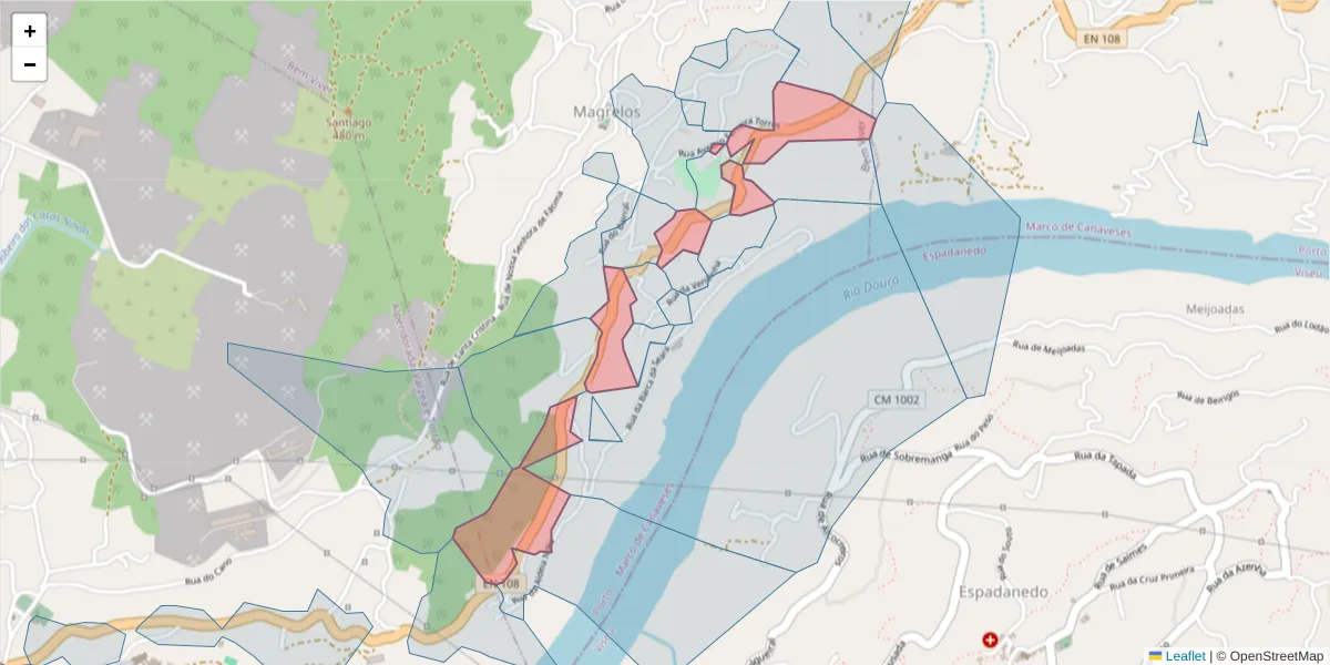 Mapa detalhado do código postal 4625-174 com limites, códigos postais vizinhos e agências dos correios