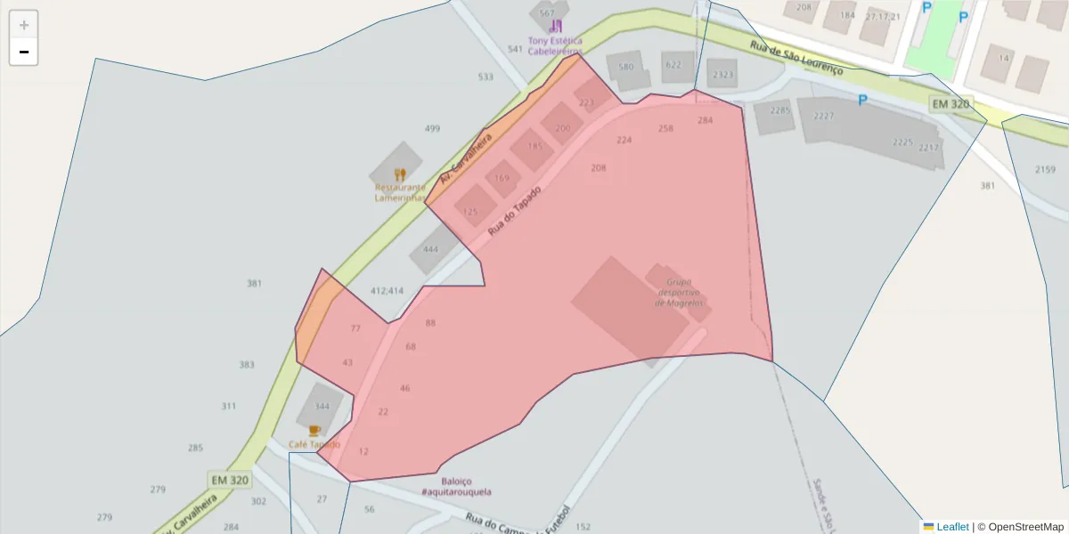 Mapa detalhado do código postal 4625-184 com limites, códigos postais vizinhos e agências dos correios
