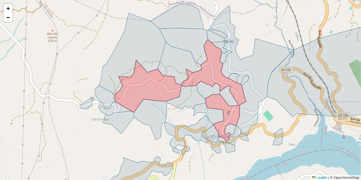 Mapa detalhado do código postal 4625-200 com limites, códigos postais vizinhos e agências dos correios