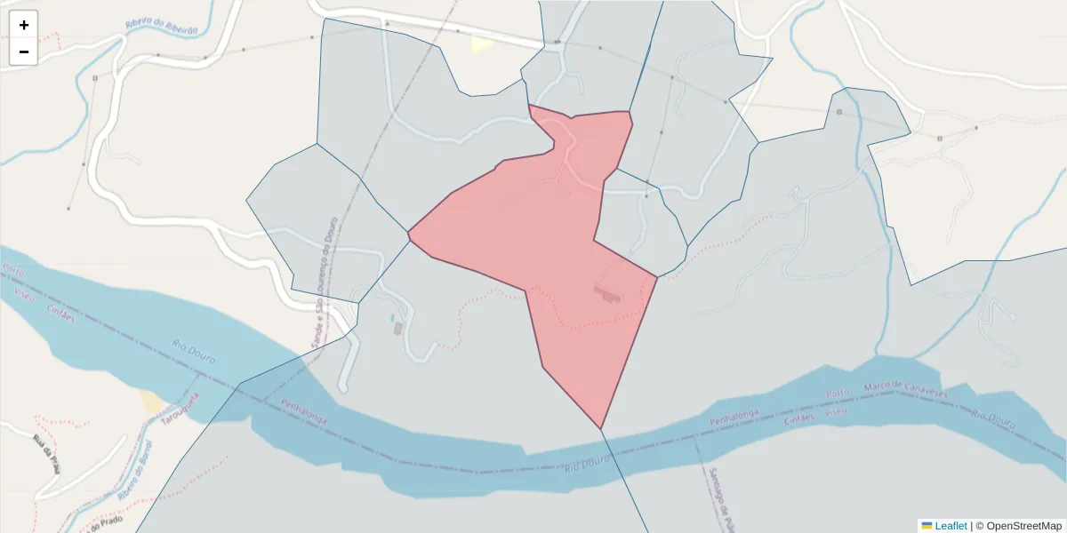 Mapa detalhado do código postal 4625-304 com limites, códigos postais vizinhos e agências dos correios