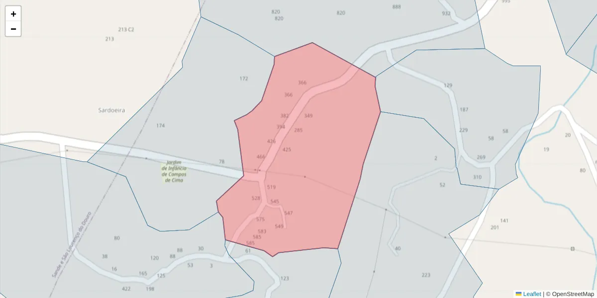Mapa detalhado do código postal 4625-317 com limites, códigos postais vizinhos e agências dos correios