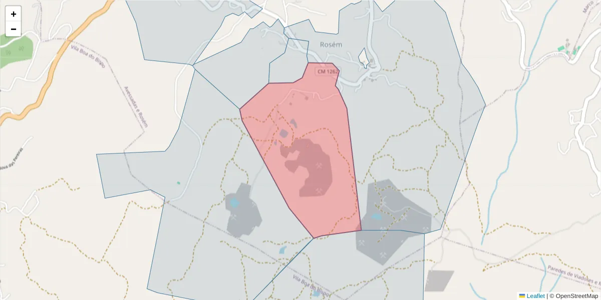 Mapa detalhado do código postal 4625-399 com limites, códigos postais vizinhos e agências dos correios