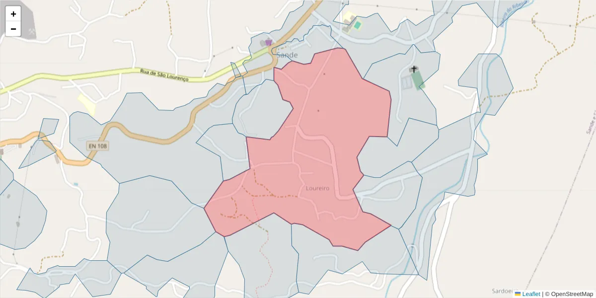 Mapa detalhado do código postal 4625-461 com limites, códigos postais vizinhos e agências dos correios