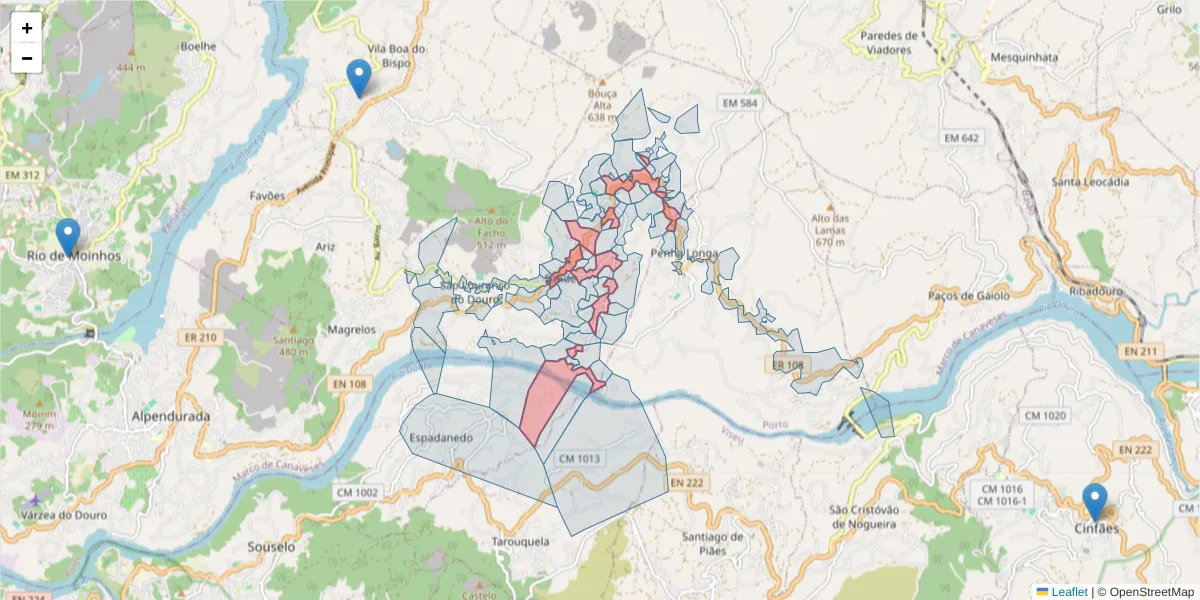 Mapa detalhado do código postal 4625-486 com limites, códigos postais vizinhos e agências dos correios