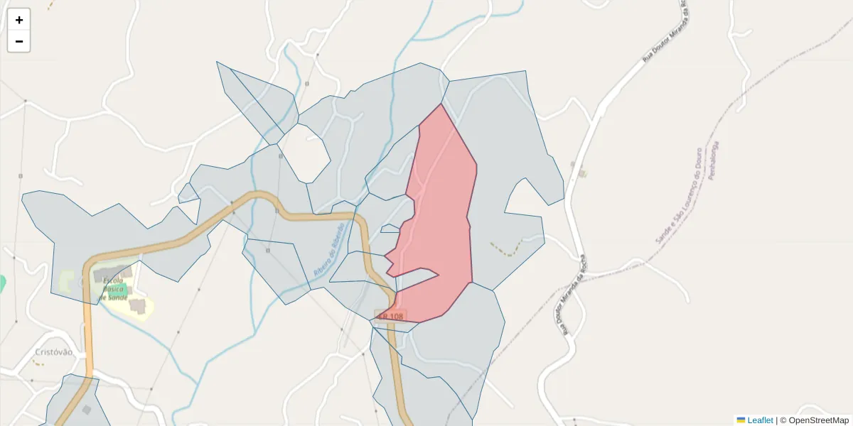 Mapa detalhado do código postal 4625-490 com limites, códigos postais vizinhos e agências dos correios