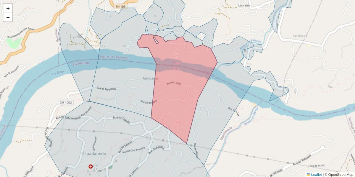 Mapa detalhado do código postal 4625-531 com limites, códigos postais vizinhos e agências dos correios