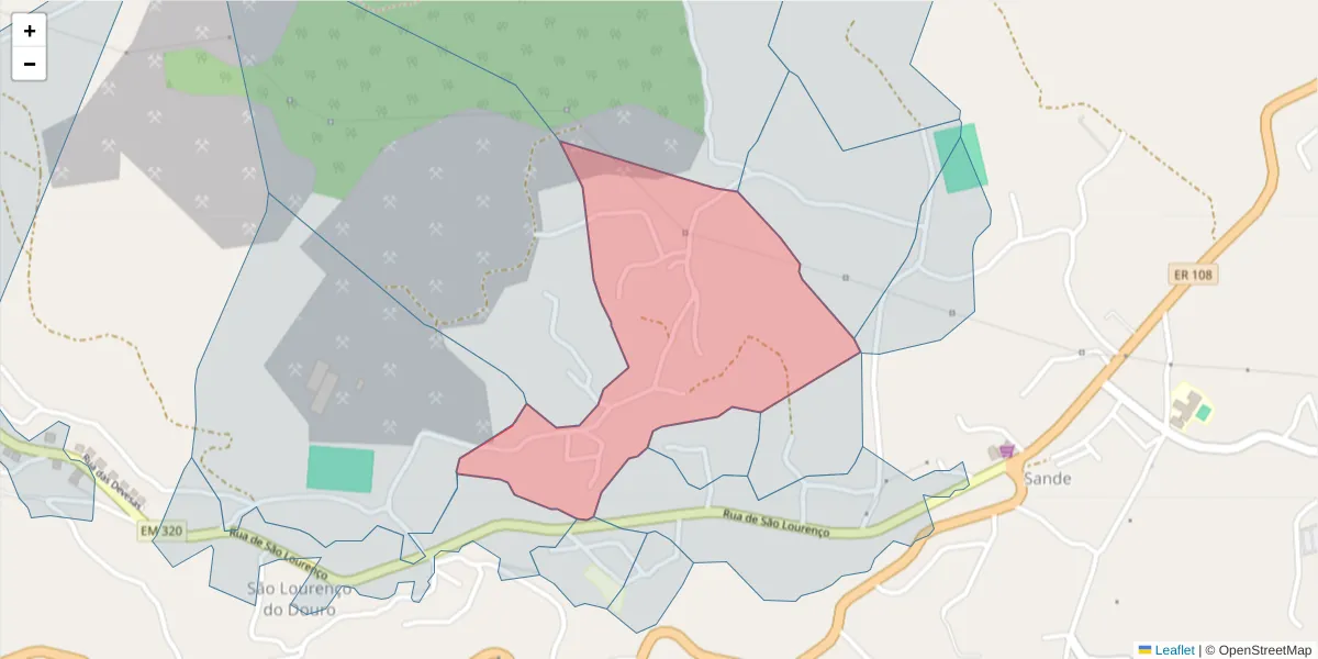 Mapa detalhado do código postal 4625-561 com limites, códigos postais vizinhos e agências dos correios