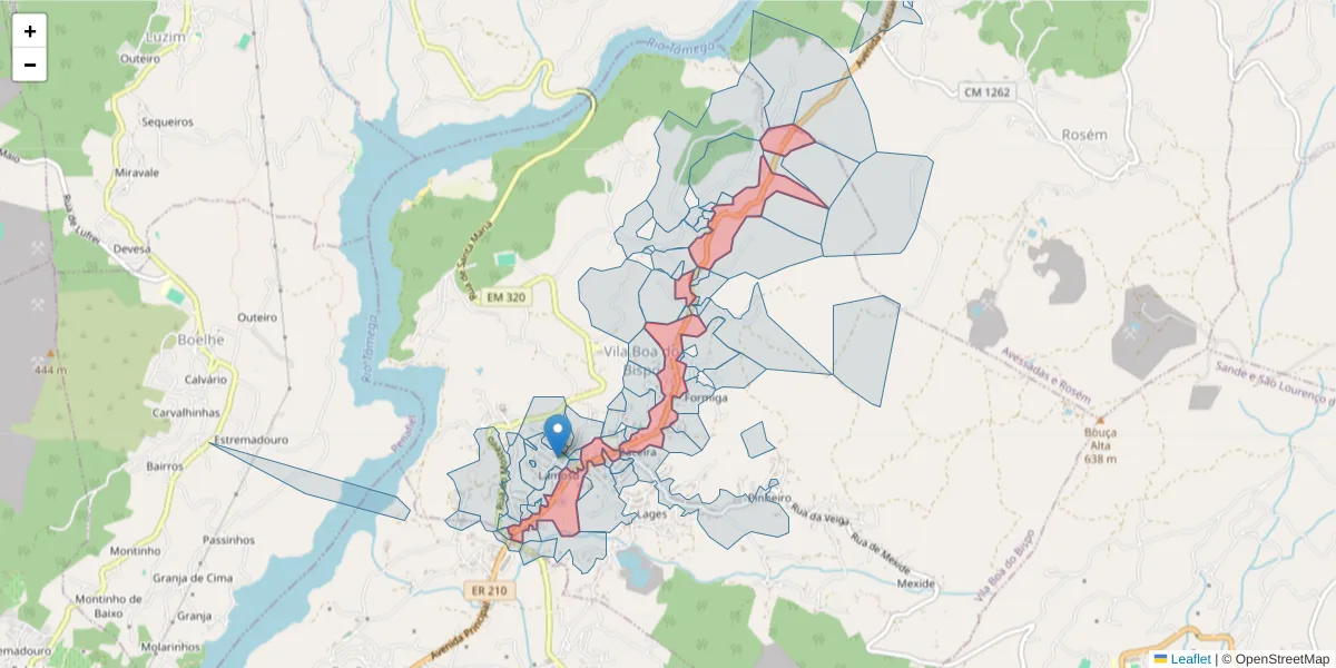 Mapa detalhado do código postal 4625-640 com limites, códigos postais vizinhos e agências dos correios