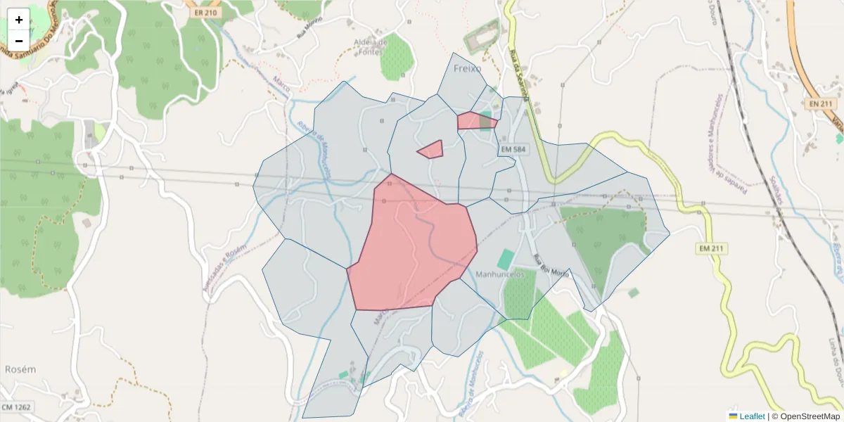 Mapa detalhado do código postal 4630-097 com limites, códigos postais vizinhos e agências dos correios