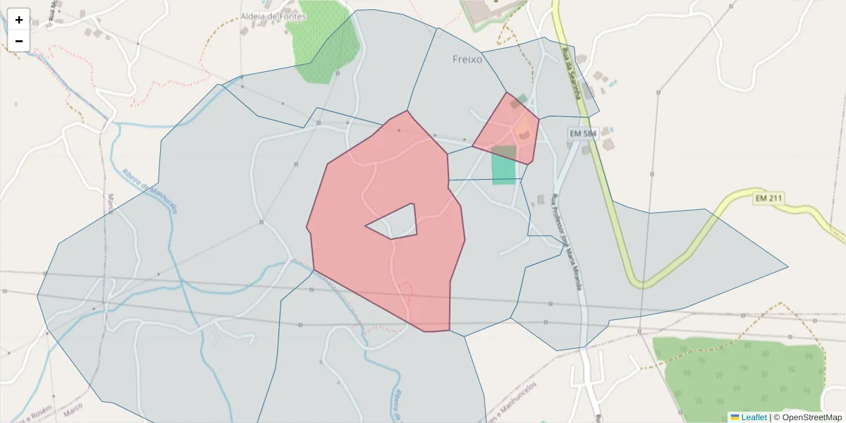 Mapa detalhado do código postal 4630-100 com limites, códigos postais vizinhos e agências dos correios