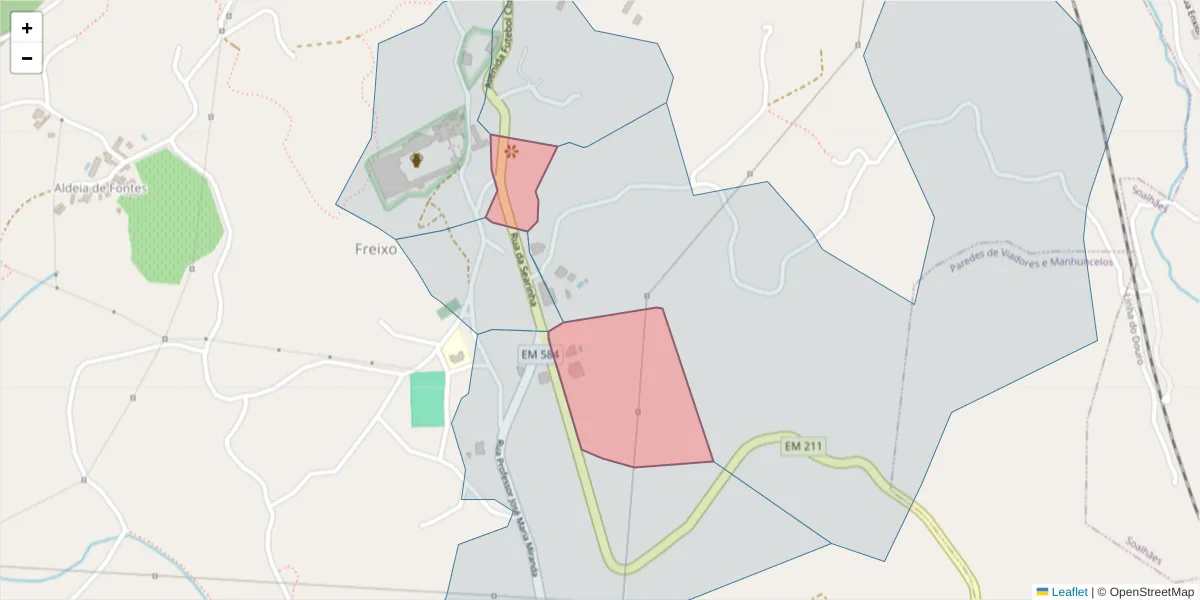 Mapa detalhado do código postal 4630-102 com limites, códigos postais vizinhos e agências dos correios