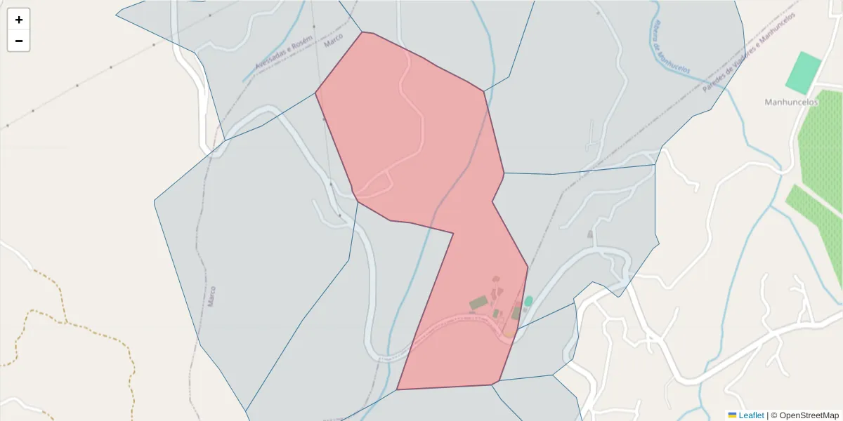 Mapa detalhado do código postal 4630-105 com limites, códigos postais vizinhos e agências dos correios