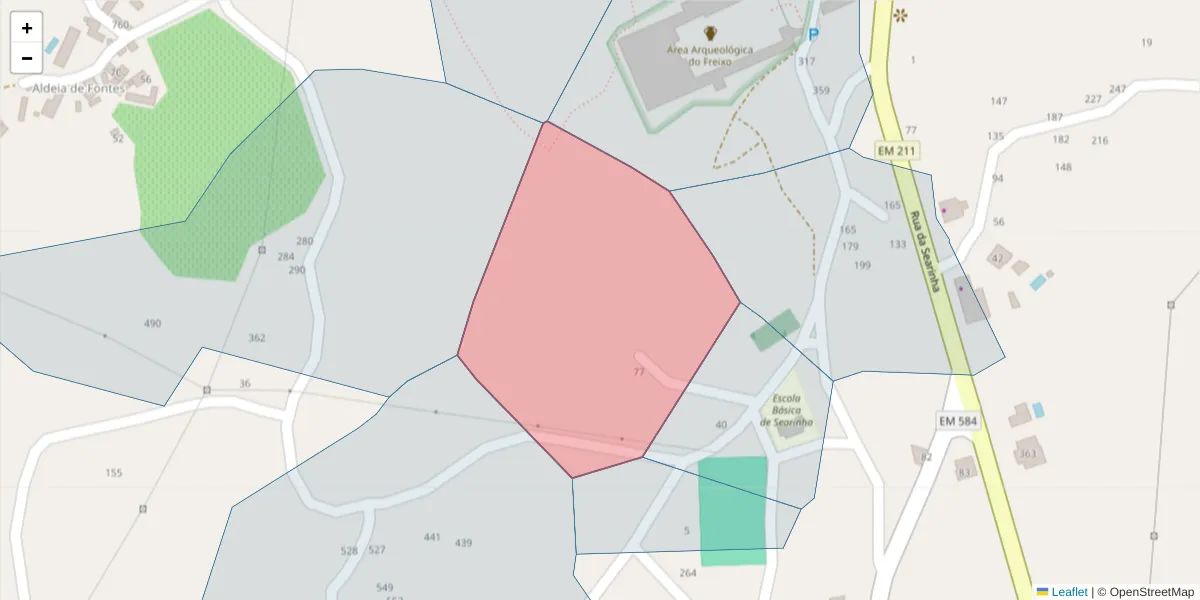 Mapa detalhado do código postal 4630-124 com limites, códigos postais vizinhos e agências dos correios