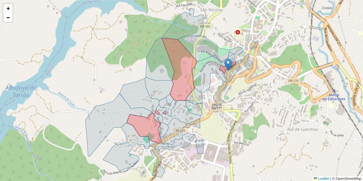 Mapa detalhado do código postal 4630-201 com limites, códigos postais vizinhos e agências dos correios