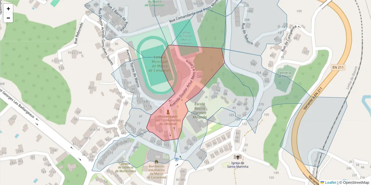 Mapa detalhado do código postal 4630-204 com limites, códigos postais vizinhos e agências dos correios