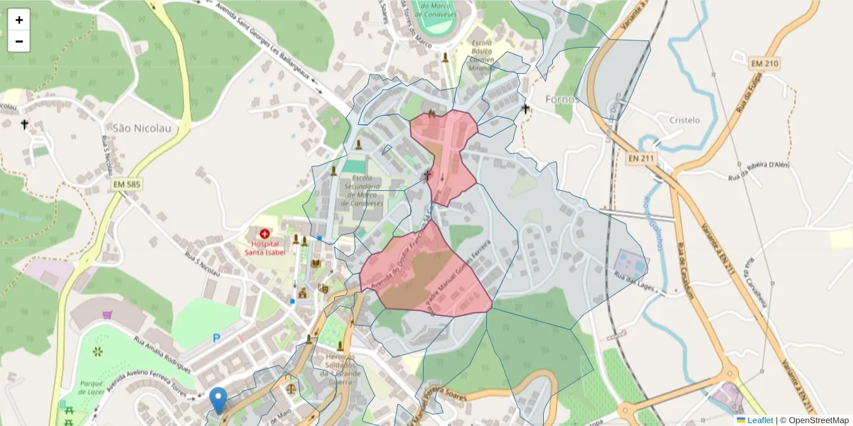 Mapa detalhado do código postal 4630-206 com limites, códigos postais vizinhos e agências dos correios