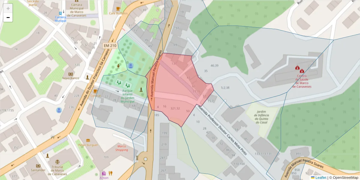Mapa detalhado do código postal 4630-214 com limites, códigos postais vizinhos e agências dos correios