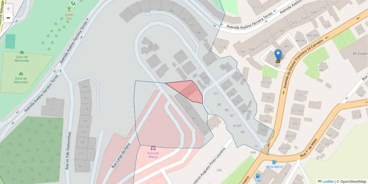 Mapa detalhado do código postal 4630-215;4630-302 com limites, códigos postais vizinhos e agências dos correios