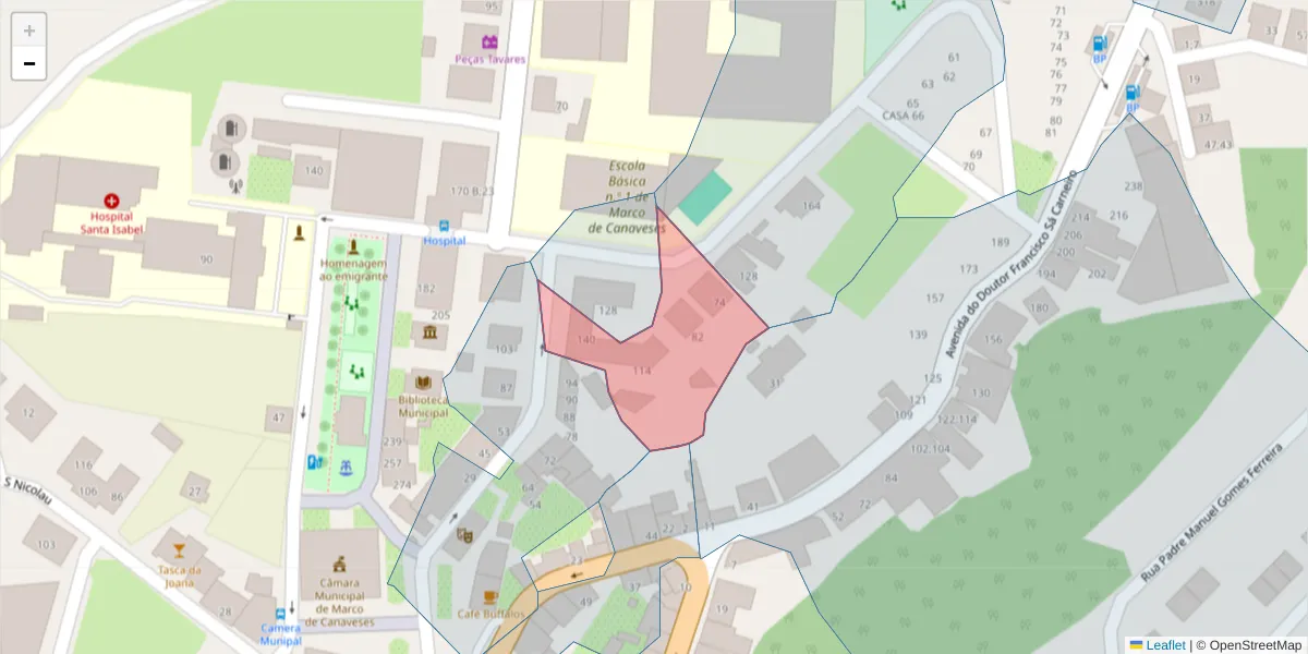 Mapa detalhado do código postal 4630-226 com limites, códigos postais vizinhos e agências dos correios