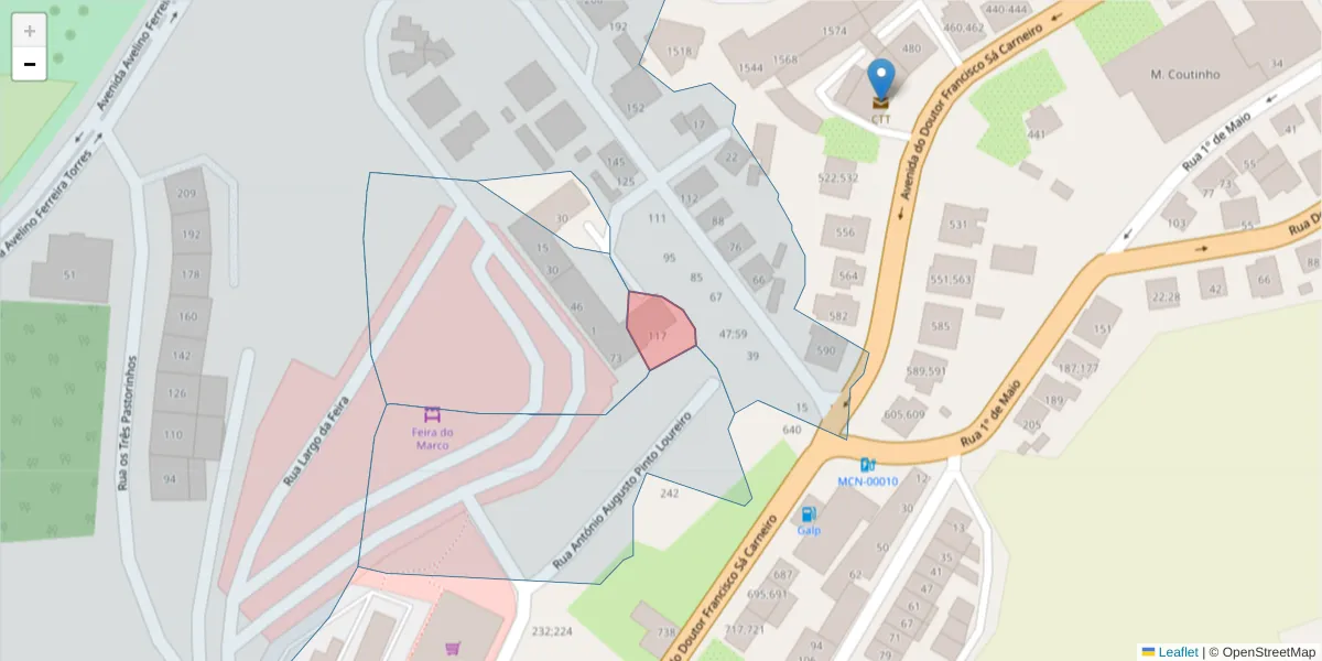 Mapa detalhado do código postal 4630-227 com limites, códigos postais vizinhos e agências dos correios