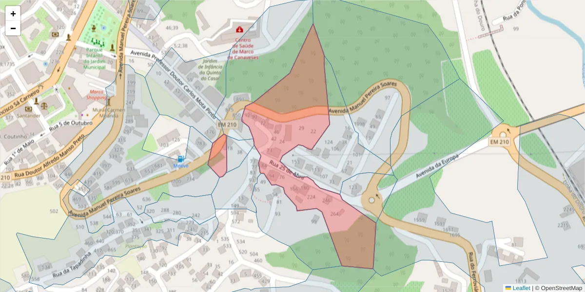 Mapa detalhado do código postal 4630-229 com limites, códigos postais vizinhos e agências dos correios
