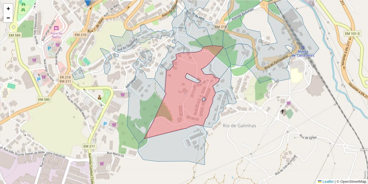 Mapa detalhado do código postal 4630-233 com limites, códigos postais vizinhos e agências dos correios