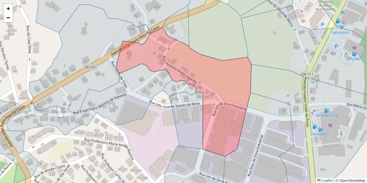 Mapa detalhado do código postal 4630-236 com limites, códigos postais vizinhos e agências dos correios