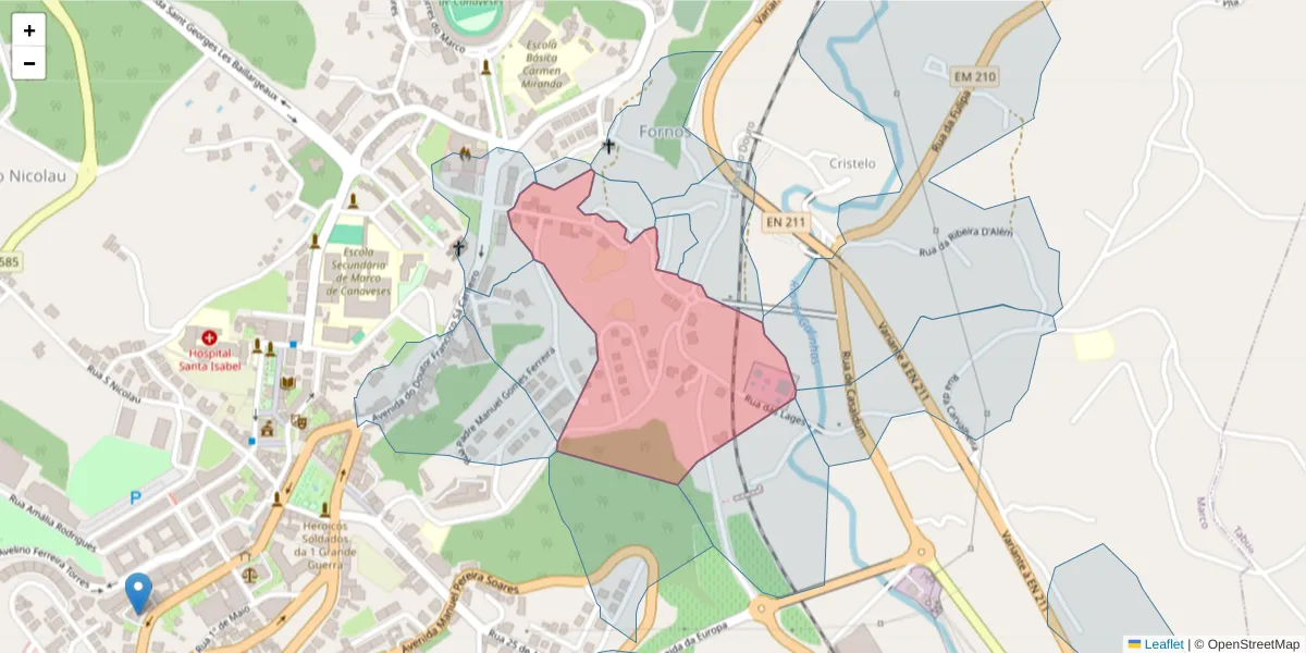 Mapa detalhado do código postal 4630-257 com limites, códigos postais vizinhos e agências dos correios