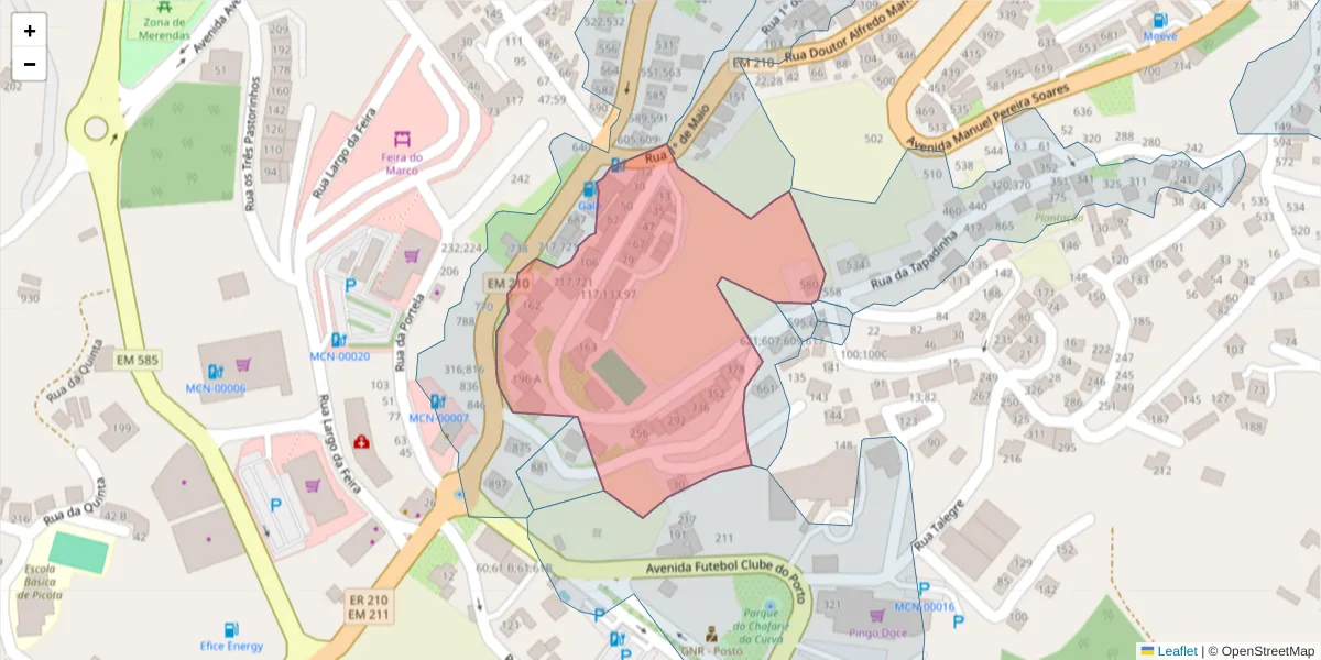 Mapa detalhado do código postal 4630-280 com limites, códigos postais vizinhos e agências dos correios