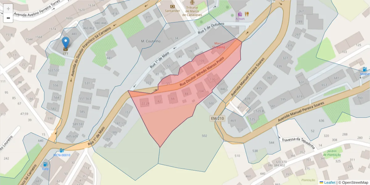 Mapa detalhado do código postal 4630-310 com limites, códigos postais vizinhos e agências dos correios