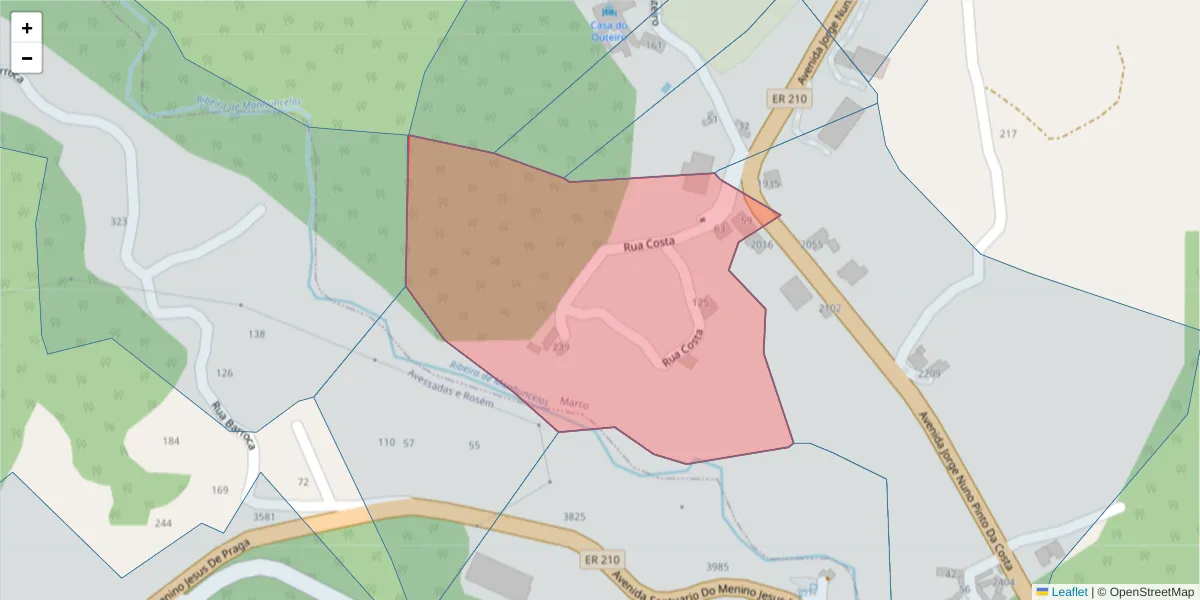 Mapa detalhado do código postal 4630-376 com limites, códigos postais vizinhos e agências dos correios