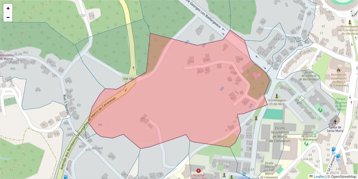 Mapa detalhado do código postal 4630-389 com limites, códigos postais vizinhos e agências dos correios