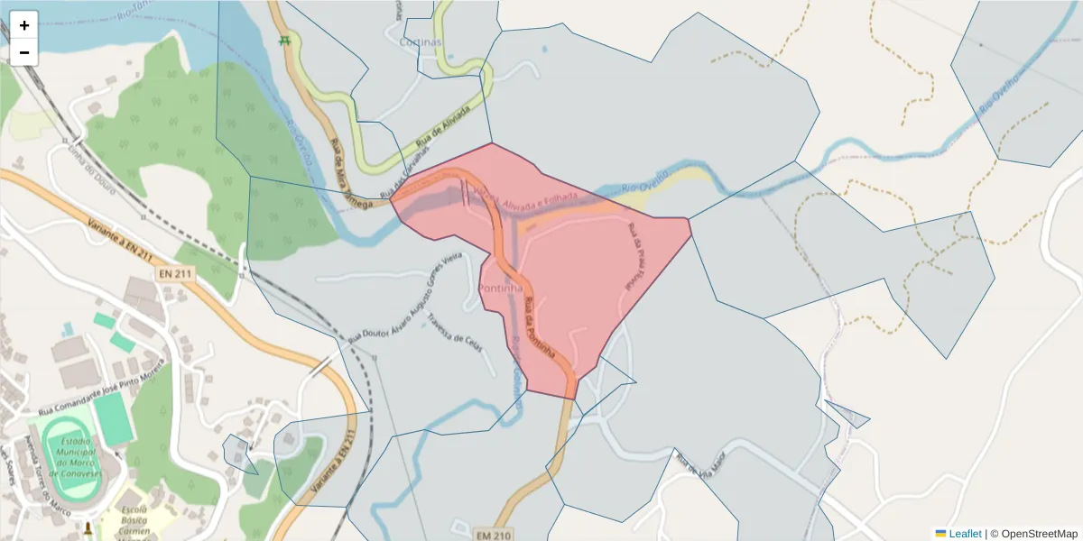 Mapa detalhado do código postal 4630-416 com limites, códigos postais vizinhos e agências dos correios