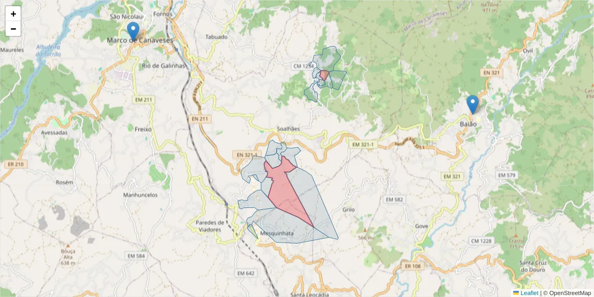 Mapa detalhado do código postal 4630-703 com limites, códigos postais vizinhos e agências dos correios