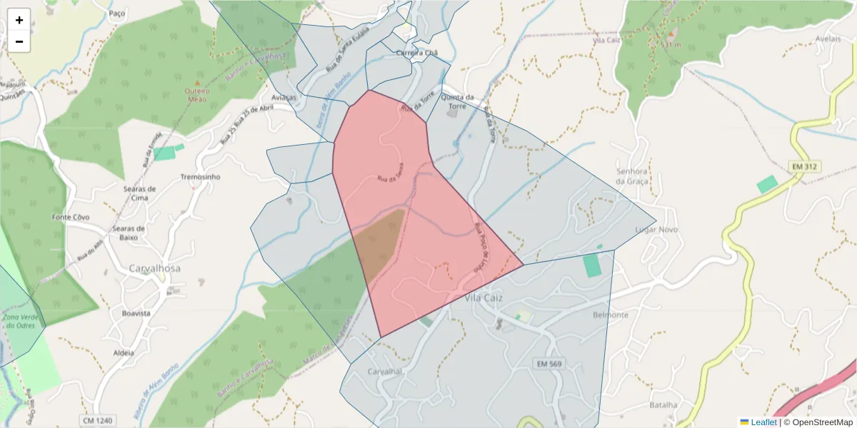 Mapa detalhado do código postal 4635-013 com limites, códigos postais vizinhos e agências dos correios
