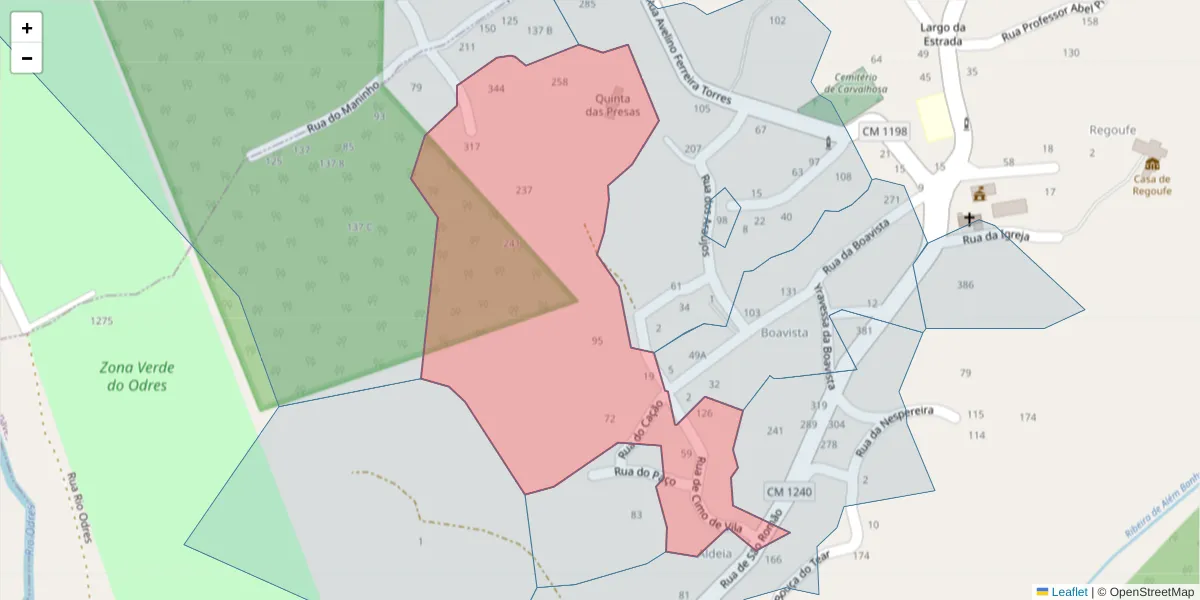 Mapa detalhado do código postal 4635-020 com limites, códigos postais vizinhos e agências dos correios